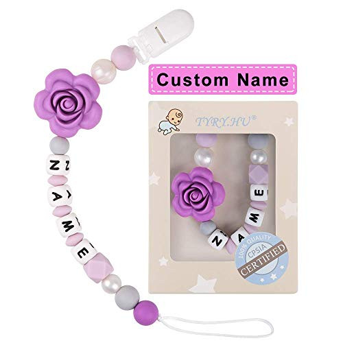 Pacifier Clip Personalized Name TYRY.HU Girls Binky Holder Baby Silicone Paci  Purple Rose