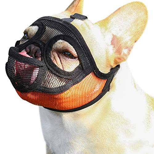 YUESEN Short Snout Dog Muzzle - Adjustable Breathable Mesh Bulldog Muzzle with Tongue Out Design Dog Mask for Barking Biting Chewing Training