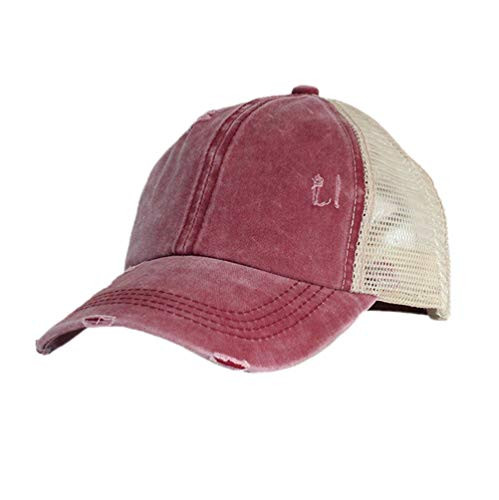 Unisex Ponytail Baseball Cap Washed Dad Hat Distressed Ponytail Messy Buns Criss Cross Mesh Sun Hat Wine Red