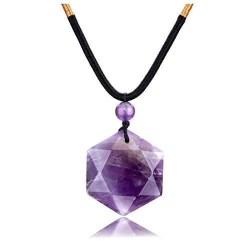 PESOENTH Amethyst Pendant Necklace Mens Womens Healing Crystal Hexagram Star Amulet Stones Reiki Necklace for Meditation Protection