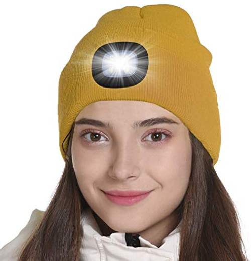 Tutuko Unisex LED Lighted Beanie Cap  USB Rechargeable Hands Free 4 LED Headlamp Cap  Warm Winter Knitted Hat with LED Flashlight for Hiking  Biking  Camping  Ochre