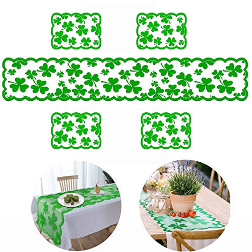 KONGQI St Patricks Day Table Runner  St Patrick's Day Decorations with Lucky Irish Clover Lace Shamrocks Table Runner  Table Runner  and  Placemats for St. Patrick's Day Spring Party Table Decorations