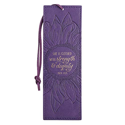 Purple Faux Leather Bookmark  She is Clothed Strength Dignity Proverbs 31 25 Bible Verse  Inspirational Sunflower Bookmark for Women w Leather Cord