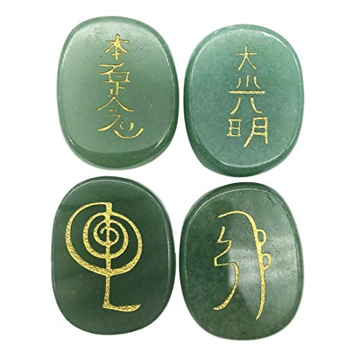 favoramulet 4pcs Green Aventurine Engraved Chakra Palm Stone  Healing Crystal Tumbled Polished Worry Pocket Stones  Reiki Balancing  0.9" x 0.7"
