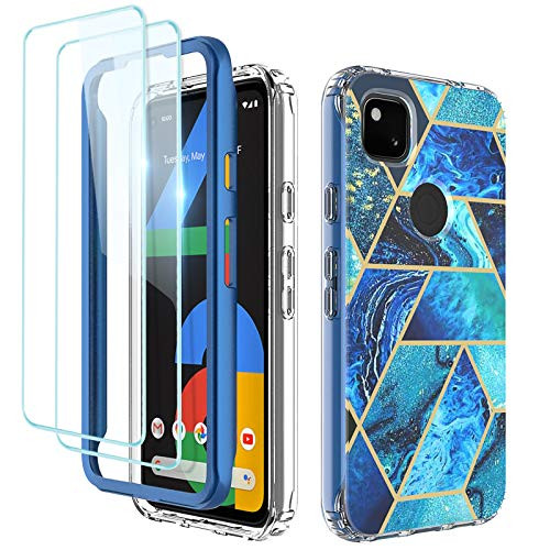 Zectoo Google Pixel 4a Case with Tempered Glass Screen Protector  2 Pack   Not for 4a 5G   Hybrid Shockproof Slim Girls Stylish Marble Design Protective Case for Google Pixel 4a 5.8 inch  2020   Blue