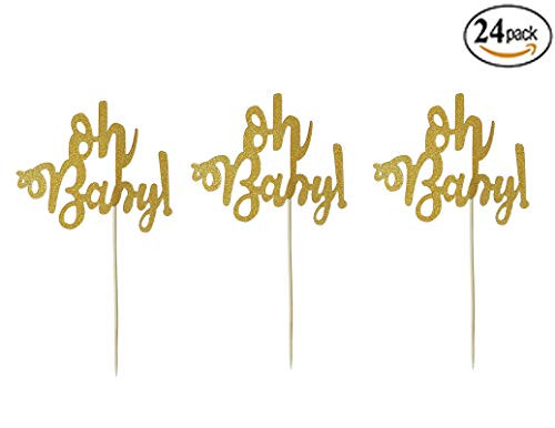 Topfun 24 Pack Oh Baby Cupcake Toppers Gold Glitter Cake Toppers Food Picks Decorations for Baby Shower Kid's Birthday Party Decoration