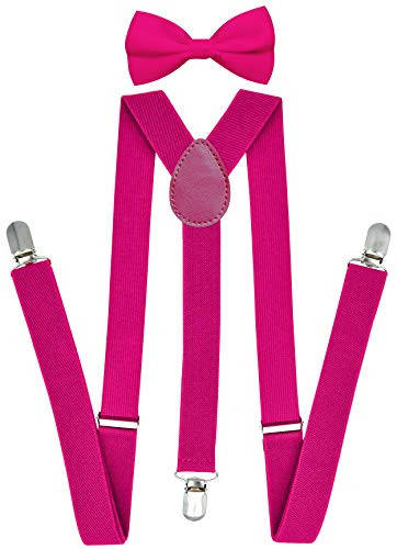Trilece Suspenders for Men with Bow Tie - Adjustable 1" Wide Y Back Style - Strong Clips Solid Colors  Hot Pink Set