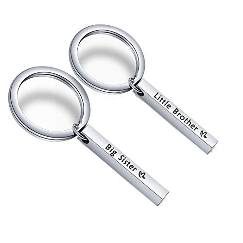 FEELMEM Big Sister Little Brother Sibling Matching Keyring Set 4 Sided Vertical Bar Pendant Keychain Family Jewelry Gift  bsPluslb