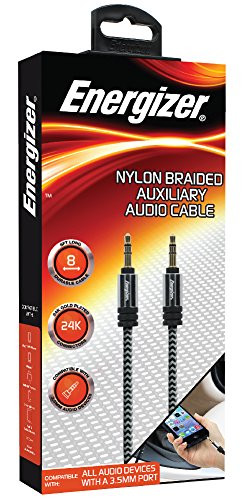 Premier Accessory Group Energizer AUX Cable 8ft Auxiliary 3.5mm Audio Cord Nylon Braided Audio Link Car Music Connector Male to Male Metal Tip  Black 8 Feet