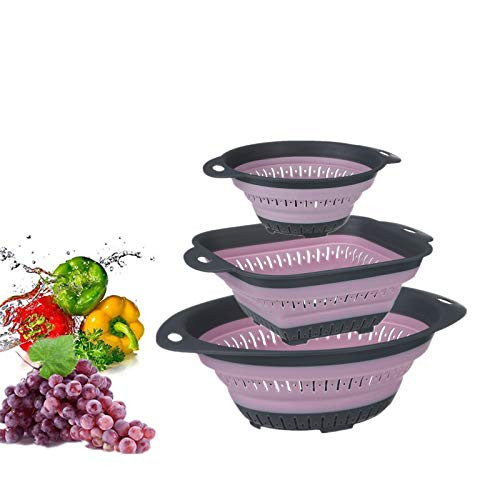 UMIKAkitchen Collapsible Colander Set  BPA Free Silicone Food Strainer with Plastic Handles  Vegetable and Fruit Can Foldable Colander Strainer Dishwasher Safe 3pcs  Pink