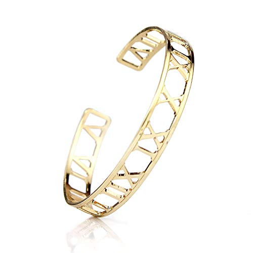 Pomina Roman Numerals Thin Bangle Bracelet for Women Gold Silver Fashion Bar Cuff Bangle Bracelet  Flexible  Roman- Gold