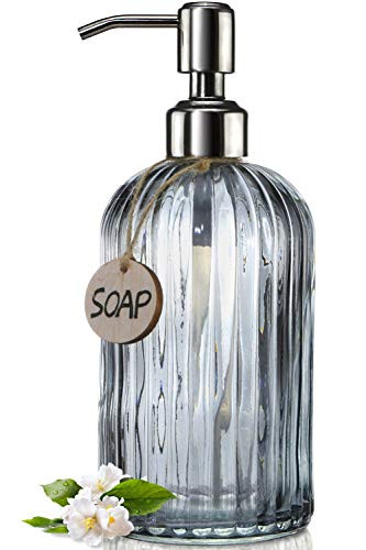 JASAI 18 Oz Vertical Stripes Kitchen Soap Dispenser with 304 Rust Proof Stainless Steel Pump  Refillable Liquid Soap Dispenser for Bathroom  Kitchen  Hand Soap  Dish Soap  Clear Grey