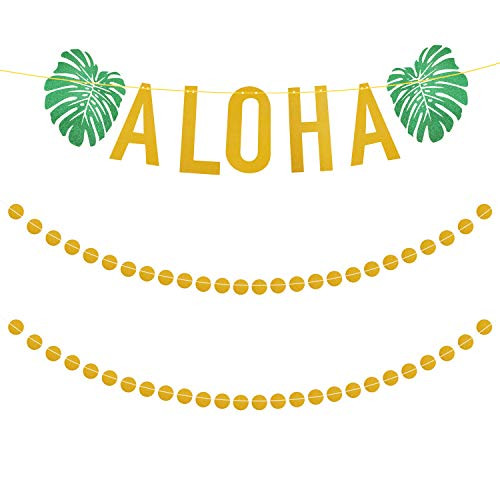KissDate 3 Meter Glitter ALOHA Hawaiian Banner, Gold Circle Dots and Green Leaves Luau Garland for Tropical Summer Pool Beach Birthdays Party Decorations Supplies