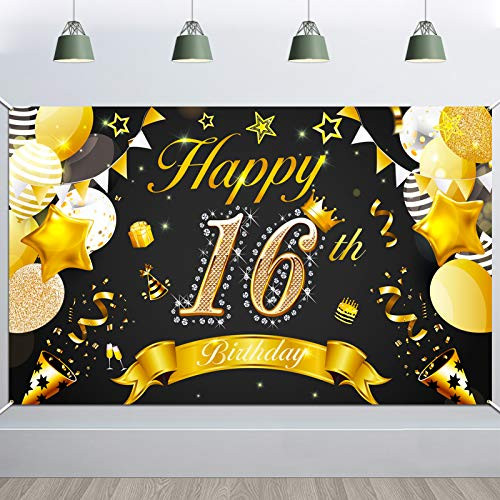 HOWAF Happy 16th Birthday Party Decoration Black and Gold  Fabric Banner for 16th Birthday Photo Backdrop Photography Background  Boy Girl 16th Birthday Outdoor Garden Table Wall Decoration Supplies