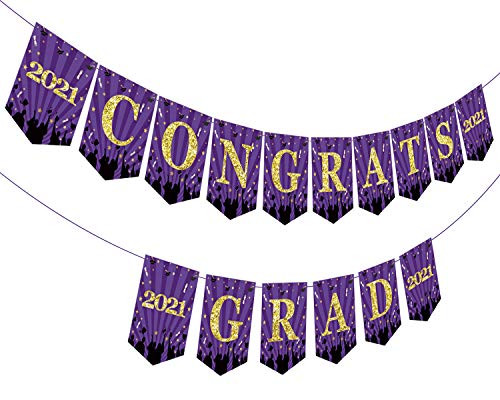 Congrats Grad Banner Purple Graduation Banner 2021-- NO DIY Required Banner for High School College Graduation Party Decorations