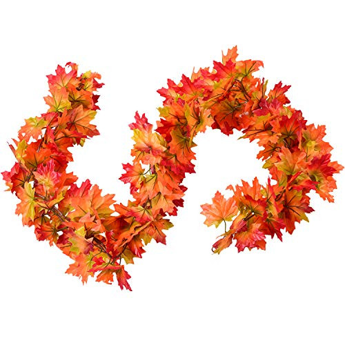 Lvydec 2 Pack Fall Maple Garland - 5.9ft Piece Artificial Fall Foliage Garland Colorful Autumn Decor for Home Wedding Party  Red and Orange