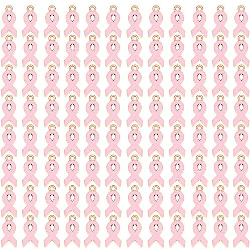 Aflyu 120 Pieces Breast Cancer Awareness Pink Ribbon Charms Pendants for Jewelry DIY Crafts  pink