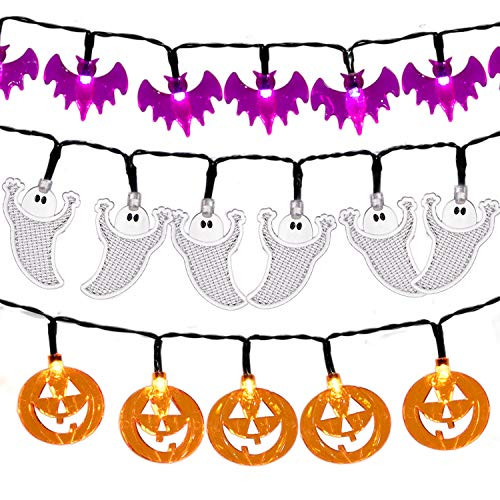 Set of 3 Halloween String Lights  Battery Operated 30 LED 12Ft Each Halloween Lights of Jack-O-Lantern Pumpkin Lights  Purple Bats and White Ghosts for Outdoor  and  Indoor Halloween Party Decorations Set of 3 Halloween String Lights  Battery Operated 30 LED 12Ft Each Halloween Lights of Jack-O-Lantern Pumpkin Lights  Purple Bats and White Ghosts for Outdoor  and  Indoor Halloween Party Decorations