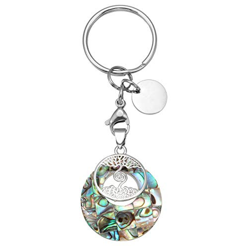 CrystalTears Silver Tree of Life Keychain Round Abalone Shell Pendant Chakra Healing Crystals Hanging Ornament for Women Men