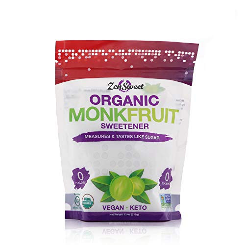 ZenSweet Organic All Natural Monk Fruit Sweetener - 1 1 Sugar Substitute  Sugar Free  Gluten Free  Zero Calorie  Zero Glycemic Index  Non GMO  Keto Paleo Vegan  and  Diabetic Friendly  12 oz  Pack of 1