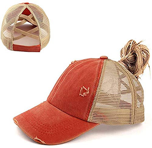 NeuFashion Criss Cross Hat Washed Distressed Glitter Mesh Womens Baseball Cap Dad Hat Ponytail Hat for Women?Criss Cross Orange?