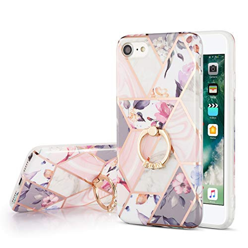 DEFBSC iPhone 7 8 SE 2020 Marble Case with Ring Kickstand  Marble Design 360 Degree Rotating Ring Kickstand Soft TPU Shockproof Case with Flower Pattern Cover for iPhone 7 8 SE 2020 - Purple