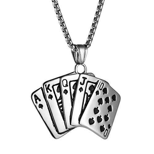 HZMAN Men Punk Hip Hop Pendant Stainless Steel Straight Flush Playing Card Necklace 22Plus2 Inch Chain
