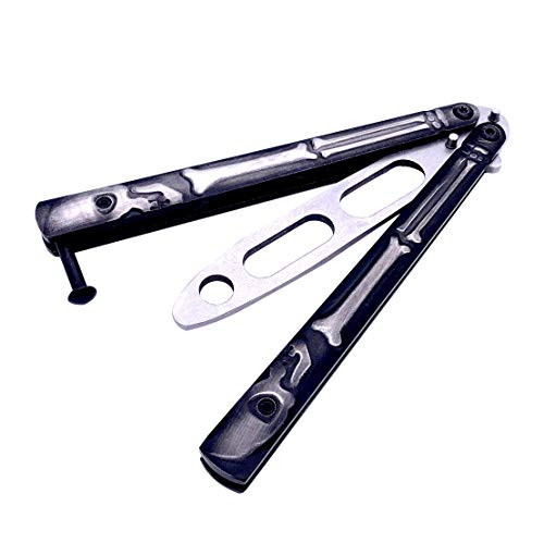 JF MALL Practice Butterfly Knife Full Stainless Steel Black Skull Balisong Trainer  Unsharpened Butterfly Knife Comb for CS GO Training  Black
