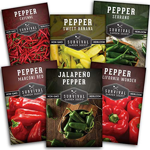 Survival Garden Seeds Six Peppers Collection Seed Vault - Non-GMO Heirloom Survival Garden Seeds for Planting - Six Popular Peppers Hot and Sweet