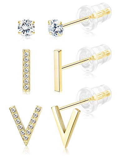 Sllaiss 925 Sterling Silver Minimalist Stud Earrings for Women 3 Pairs Dainty V-Shaped Cubic Zirconia Earrings 14K Gold Plated CZ Bar Stud Earrings Set