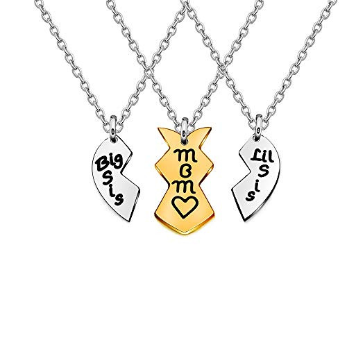 JQFEN 3pcs Mother Daughter Pendant Necklace Matching Heart Necklace for Mom Big Sister Little Sister Mothers Day Birthday Jewelry