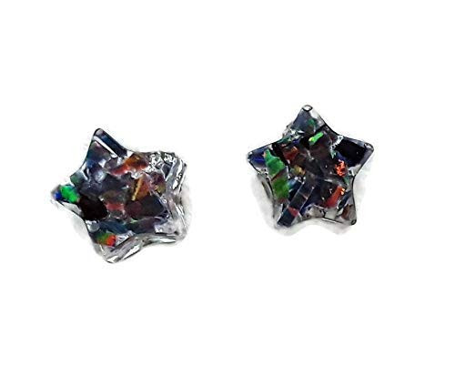 October Birthstone Black Rainbow Fire Opal and Silver Flake Stainless Steel Star Stud Resin Earrings
