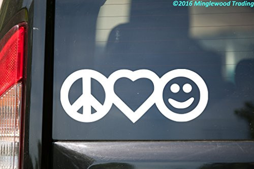 Minglewood Trading Peace Love Happiness Vinyl Decal Sticker 7" x 2.5" Peace Sign Heart Smiley Face Purple