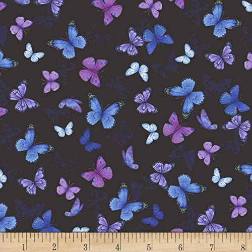 Timeless Treasures Pansy Paradise Printed Butterflies Fabric  Black