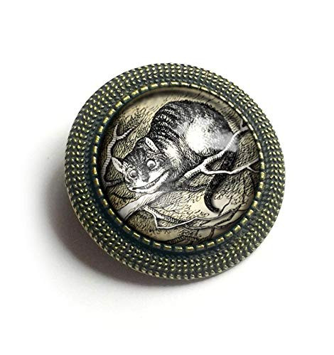 Alice in Wonderland Cheshire Cat reverse decoupage glass and brass brooch