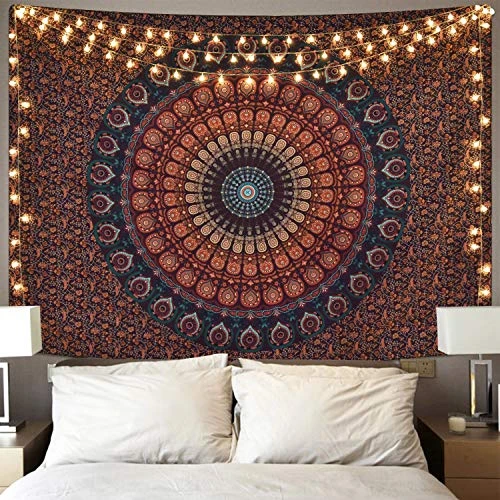 Mandala Tapestry Bohemian Hippie Tapestries Psychedelic Peacock Tapestry Wall Hanging Floral Brown Tapestry for Room 51.2 x 59.1 inches