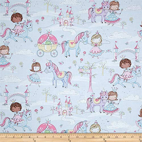 Timeless Treasures Glitter Princess Unicorns  Yard  Blue