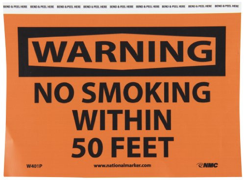 NMC W401P WARNING - NO SMOKING WITHIN 50 FEET Sign - 10 in. x 7 in. PS Adhesive Backed Vinyl Warning Sign with Black Text over Orange Base