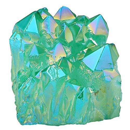 mookaitedecor Titanium Coated Natural Rock Crystal Cluster Geode Stone Specimen  Green