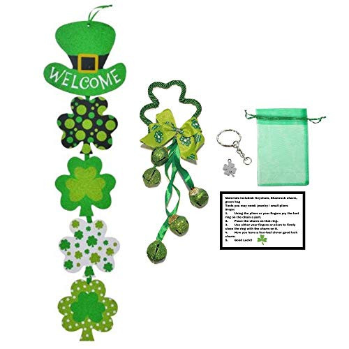 Multiple St. Patrick's Day Decorations Welcome Shamrock Dangle Sign and Shamrock with Doorknob Hanger with G&G Good Luck Shamrock DIY Keychain