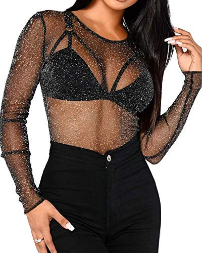 Bellelovin Women's Sheer Mesh Tops Long Sleeve Glitter Sexy Tops See Through Blouses  Black  Small