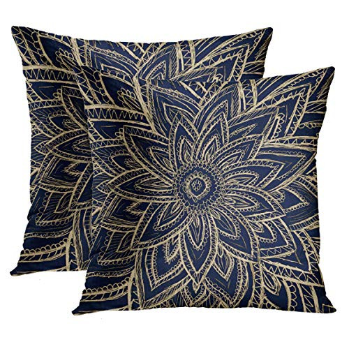 Emvency Set of 2 Throw Pillow Cover Modern Gold Navy Blue Abstract Floral Illustration Decorative Pillow Case Vintage Home Decor Square 18 x 18 Inch Cushion Pillowcase