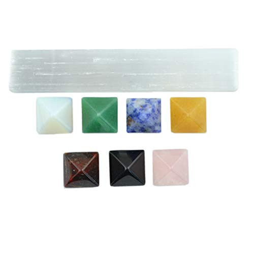 FHNP367 Natural Stone Pyramids 7 Chakra Set with Selenite Stick Metaphysical Healing Crystal Spirituality Reiki Energy Therapy