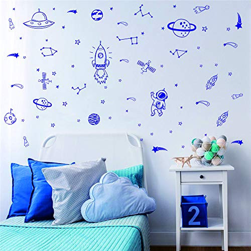 Wall Decor for Boys Room Art Outer Space Star Rockets Planets Stickers Removable Space Wall Decal for Children Bedroom Decoration Blue Wall Decor for Boys Room Art Outer Space Star Rockets Planets Stickers Removable Space Wall Decal for Children Bedroom Decoration Blue