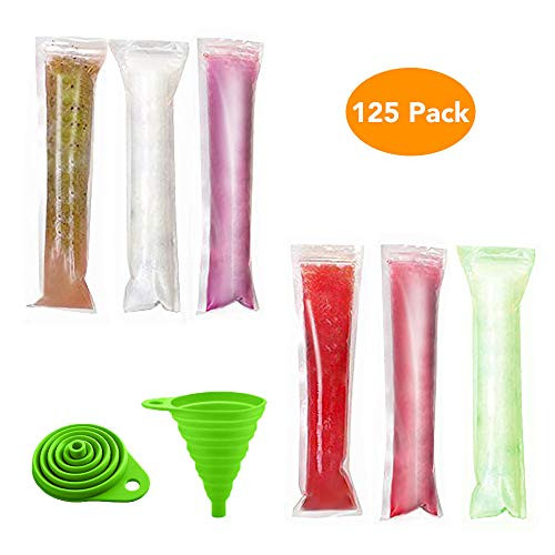 Lashary Popsicle Molds, 125 Disposable Ice Pop Molds, BPA Free Popsicle Maker Ice Candy Plastic Bags with Zip Seals, DIY Ice Pop Bags for Yogurt Ice Candy Otter Pops Freeze Pops, Comes with 1 Funnel