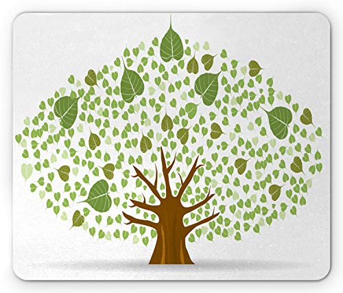 Ambesonne Tree Mouse Pad  Fig Tree Illustration Full of Leaves Enlightenment  Rectangle Non-Slip Rubber Mousepad  Standard Size  Green Brown and White