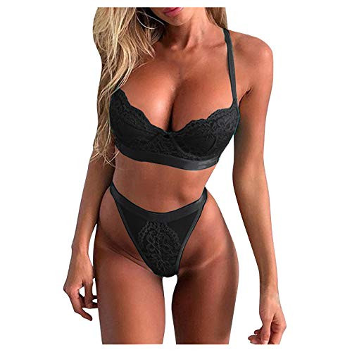 Womens 2 Piece Sexy Bra and Panty Set Lace See Through Halter Bralette Lingerie Babydoll Bodysuit Black Womens 2 Piece Sexy Bra and Panty Set Lace See Through Halter Bralette Lingerie Babydoll Bodysuit Black
