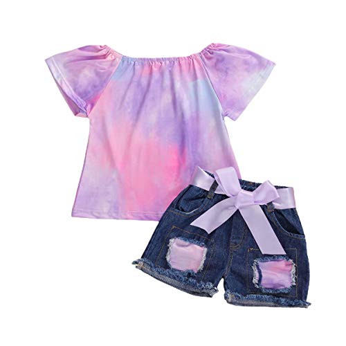 Toddler Kid Baby Girls Outfit Off Shoulder Floral Ruffle Tops and Ripped Denim Shorts Summer 2Pcs Clothes Set  2T   3T  Purple