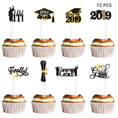 Amosfun Graduation Cupcake Toppers 2019 Graduation Party Cake Picks Class of 2019 Party Cake Toothpicks 72PCS