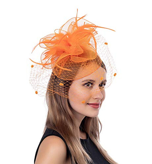 FELIZHOUSE Fascinators Hats for Women - Kentucky Derby Tea Party Headwear - Wedding Cocktail Headband Hair Clip - Feather Mesh Flower Veil Headpiece  Orange FELIZHOUSE Fascinators Hats for Women - Kentucky Derby Tea Party Headwear - Wedding Cocktail Headband Hair Clip - Feather Mesh Flower Veil Headpiece  Orange